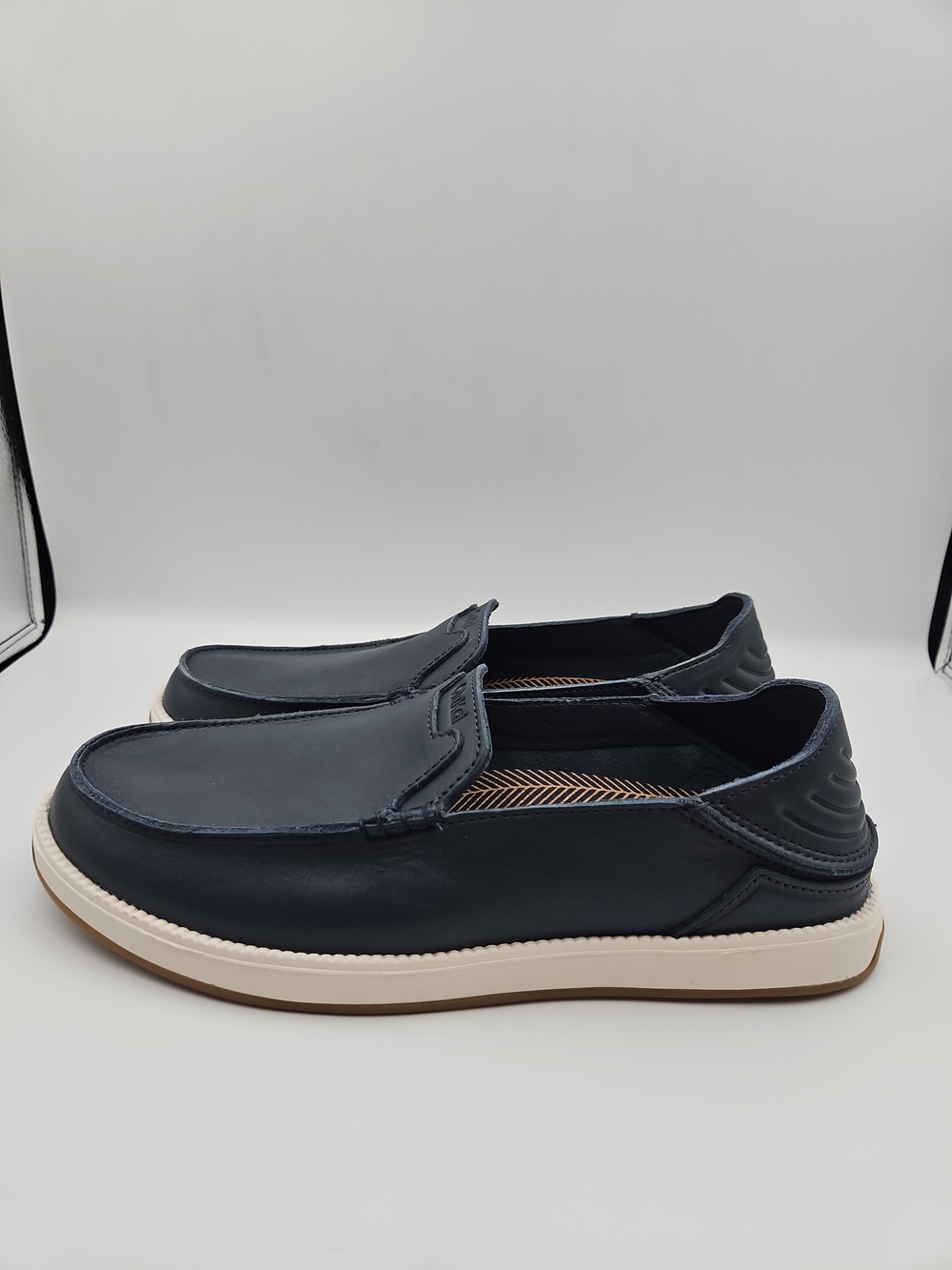 OluKai Men's Navy Leather Slip-On Loafers with Cream Sole